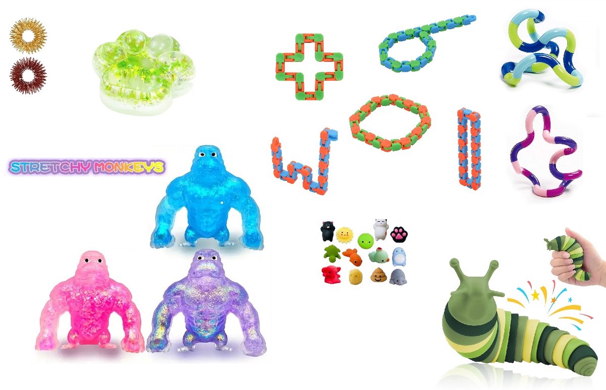 Happy Trendz® | Fidget & Sensory Pakket 9 Stuks | 2× Ring Fidget, Stretchy String, 2× Wacky Track, Tangle, 2× Mochi, Fidget Slug Keychain | Anti-Stress | Kleuren Variëren